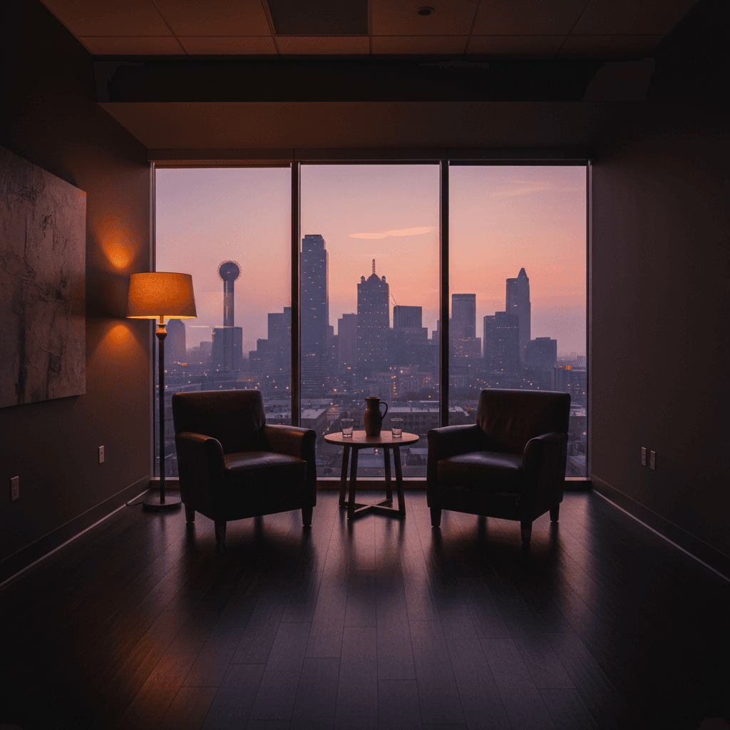 A moody cinematic wide shot of an empty therapy room in Dallas at dusk.