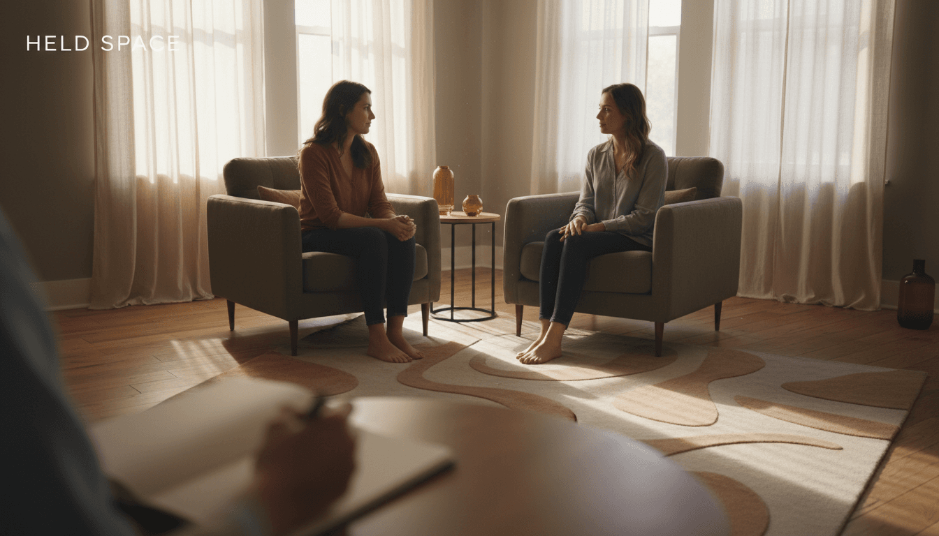 Couple sitting silently across from each other in a softly lit therapy room with a therapist's notebook in the foreground