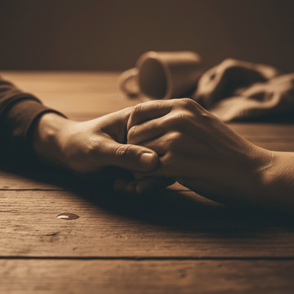 A dark, moody, documentary-style close-up shot of a couple's hands resting on a wooden table