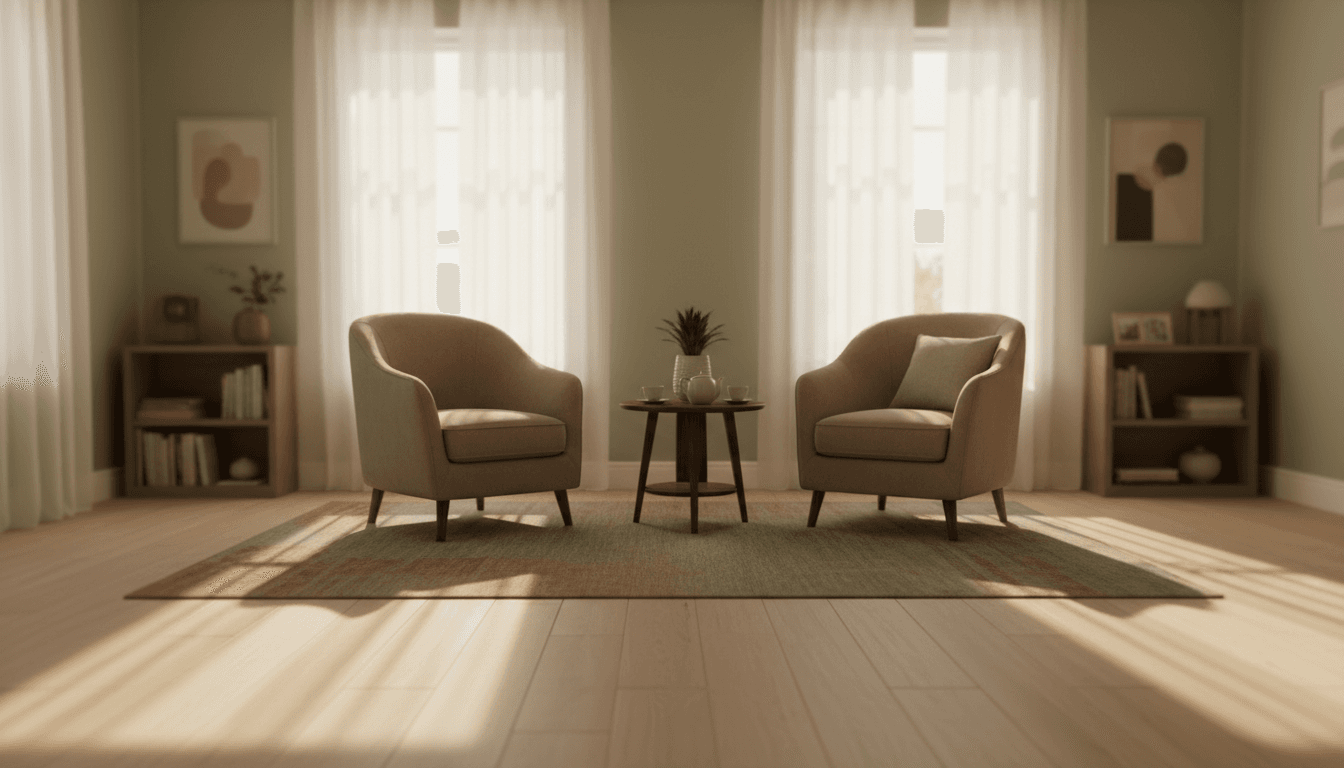Warm, softly lit therapy room with two armchairs facing each other and morning light filtering through sheer curtains