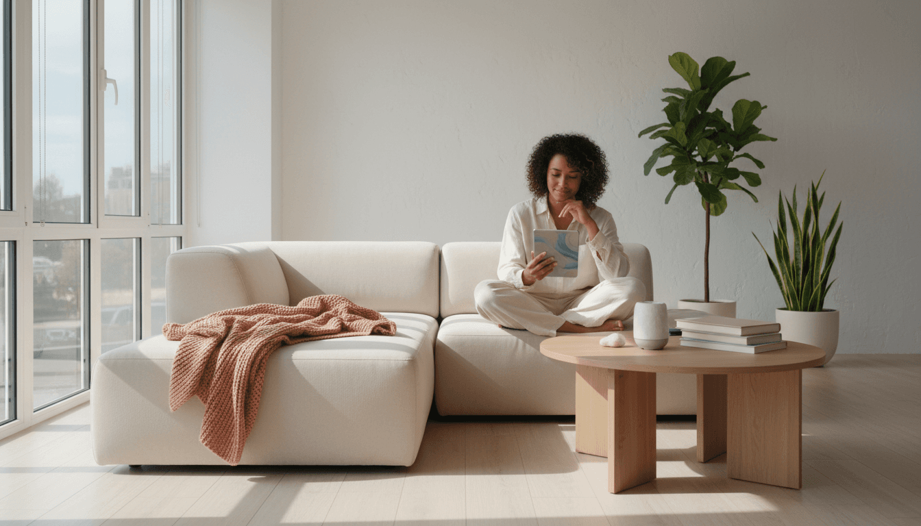 Person using digital wellness app on tablet in bright, comfortable home environment, embodying emotional support and accessible mental health care technology