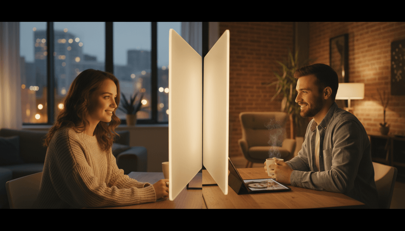 Split screen showing two people in separate spaces simultaneously connected through video communication