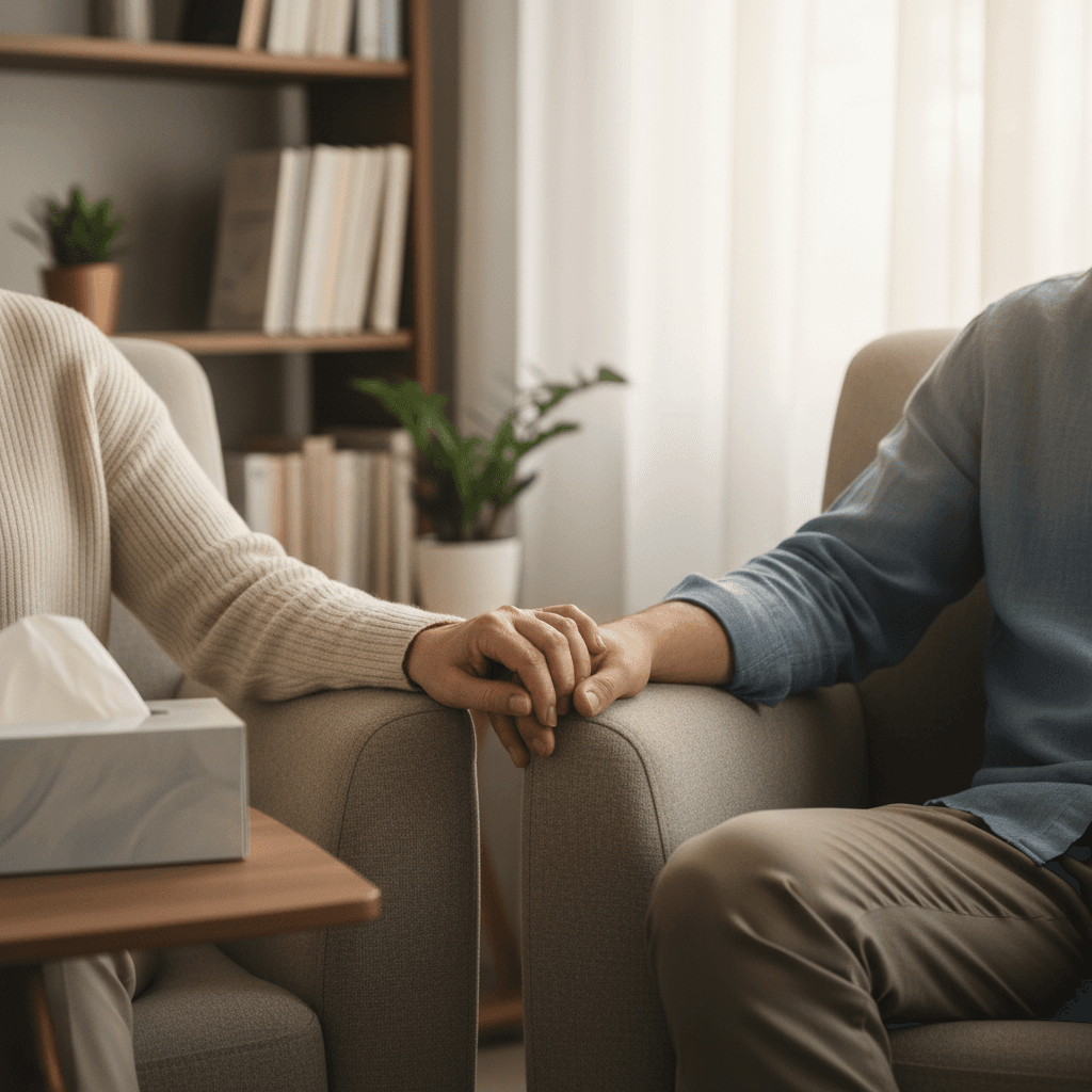 Couple sitting quietly together in therapy office