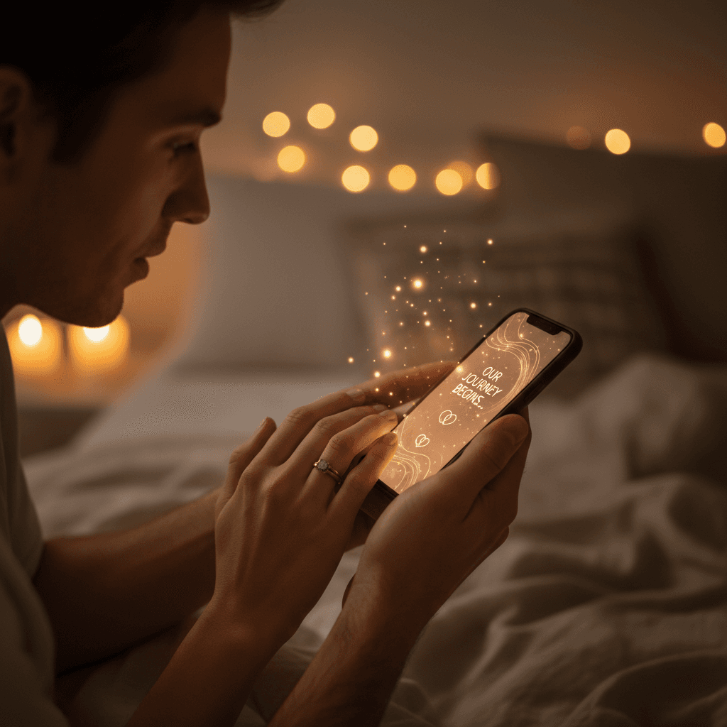 Couple's hands holding smartphone displaying romantic digital experience, engagement ring glowing in warm candlelit bedroom