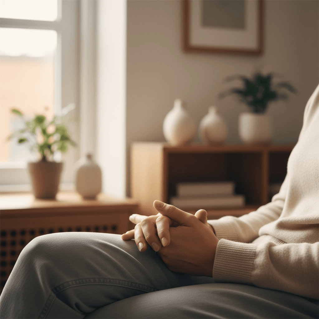 TJ Johnson, LMFT, sitting in a therapy office