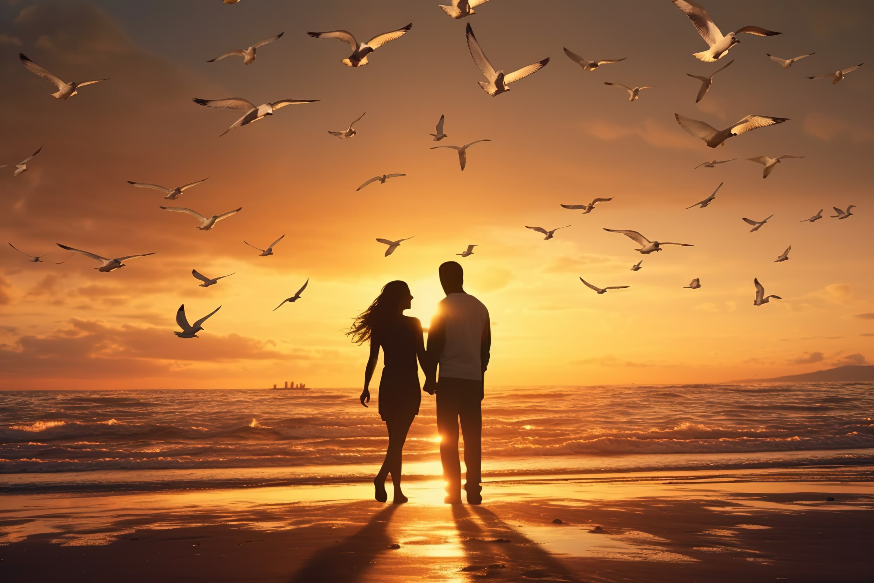 Couple silhouetted against a golden sunset on a beach with seagulls flying in the sky.